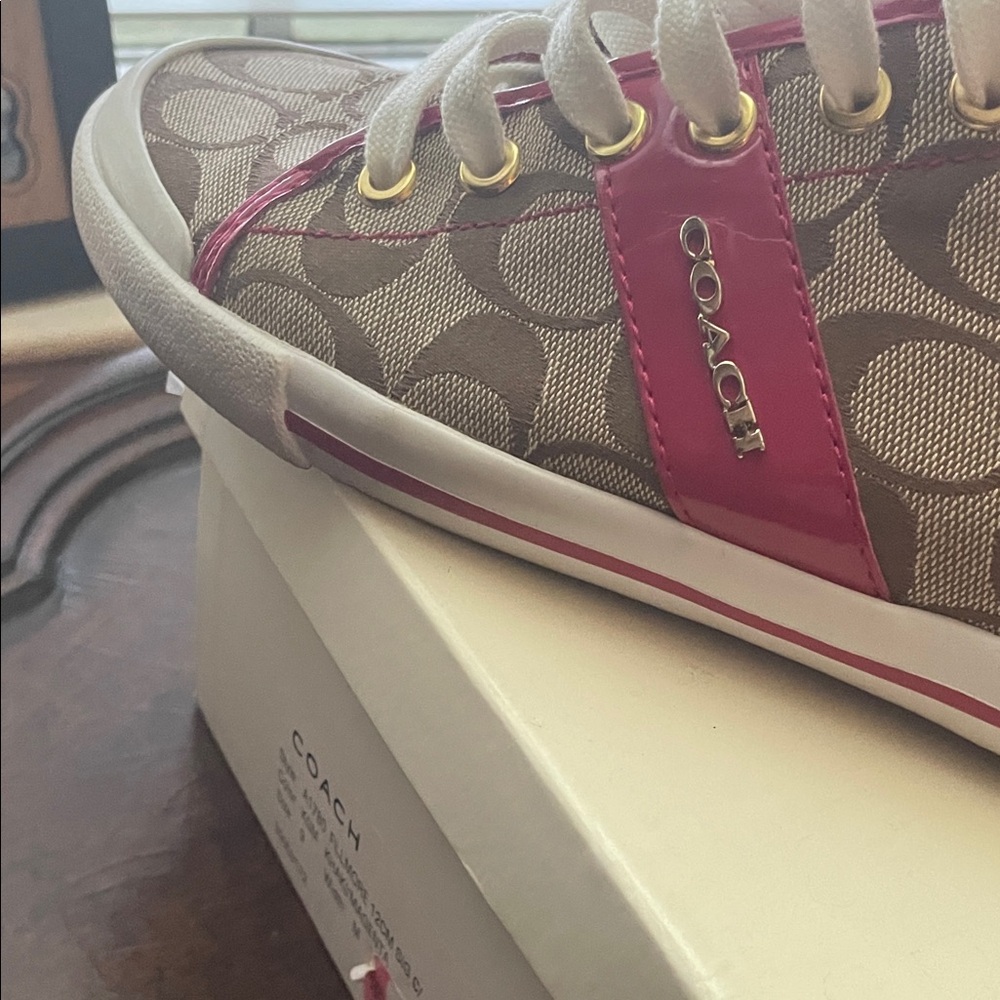 Coach Beige Signature Canvas Sneakers with Pink Patent Trim - Picture 4 of 7